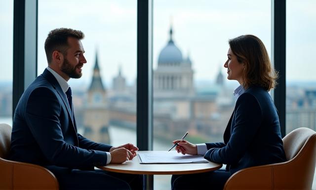 Professional meeting in a modern London office with views of the city skyline